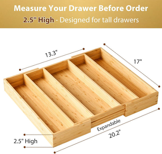 Umilife Expandable Kitchen Drawer Organizer, 2.5" High Bamboo Utensils Silverware Tray, Adjustable Large Deep Wood Organization Holder