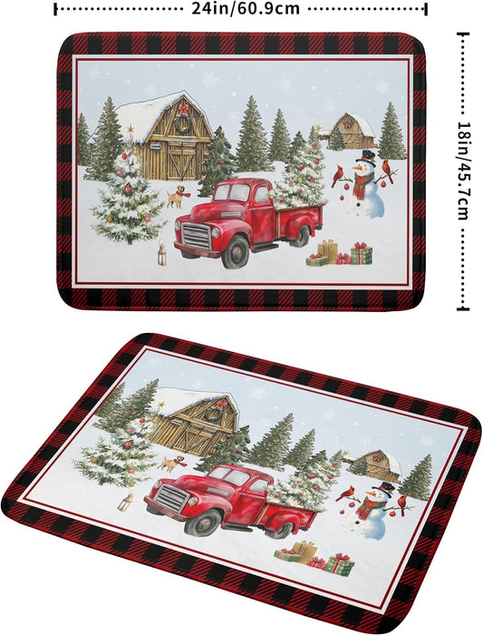 Giwawa Christmas Truck Dish Drying Mat 18x24 inch Large Winter Snowman Xmas Trees Snow Farm Dish Drainer Mats Red Black Buffalo Plaids Absorbent Dish Drying Pad for Kitchen Countertop Decor