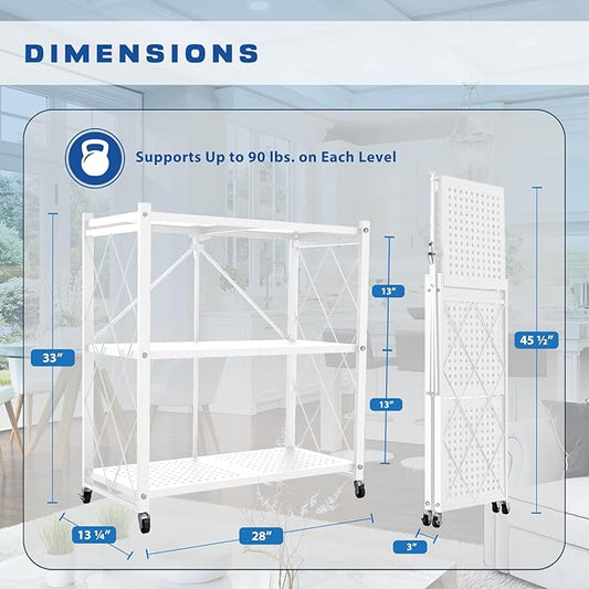 Lifetime Home 3-Tier Foldable Storage Shelf with Wheels - Metal Rack Collapsible Shelving Unit Display, Rolling Cart for Books Kitchen Storage Shelves, Pantry & Closet Organizer, Office Room Decor