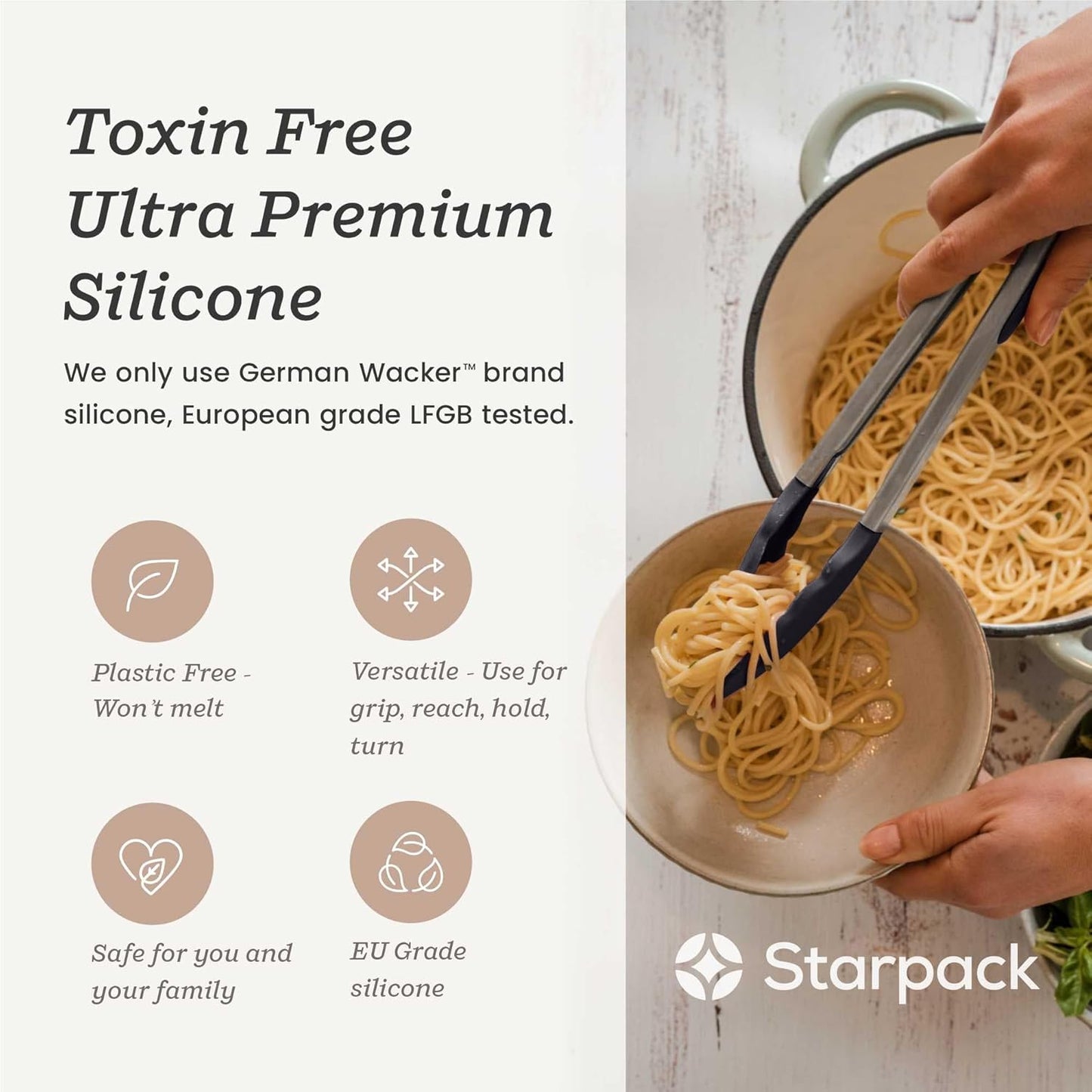 StarPack Premium Silicone Kitchen Tongs 9-Inch - Stainless Steel with Non-Stick Silicone Tips, High Heat Resistant to 600°F, For Cooking, Serving, Grill, BBQ & Salad (Gray Black)