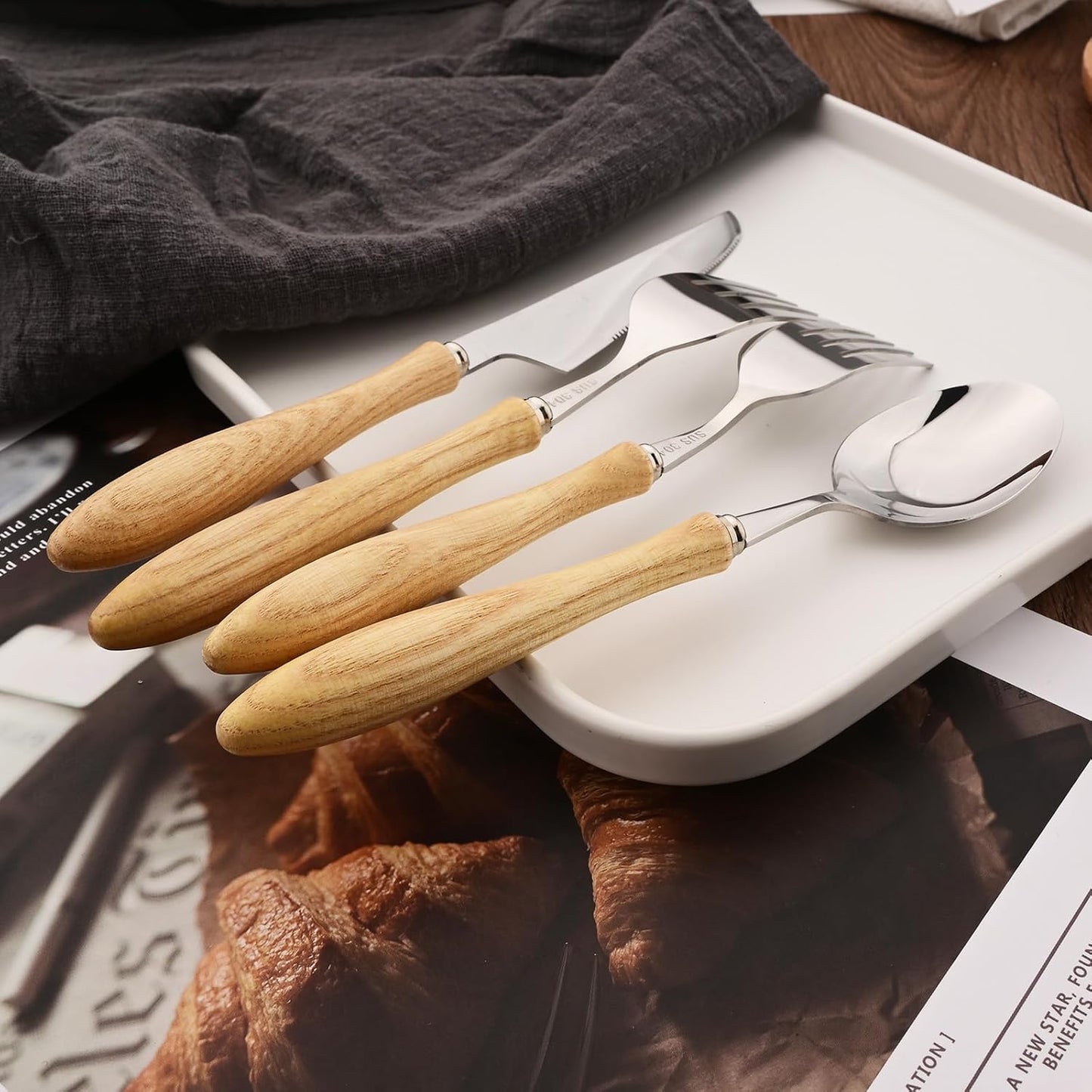 304 Stainless Steel Flatware Silverware Set with Wooden Handles, Rustic Tableware Cutlery Set for 6, Natural Wood Grain Knives Forks Spoons Set, (24 PCS, White Ash Wood Handle)