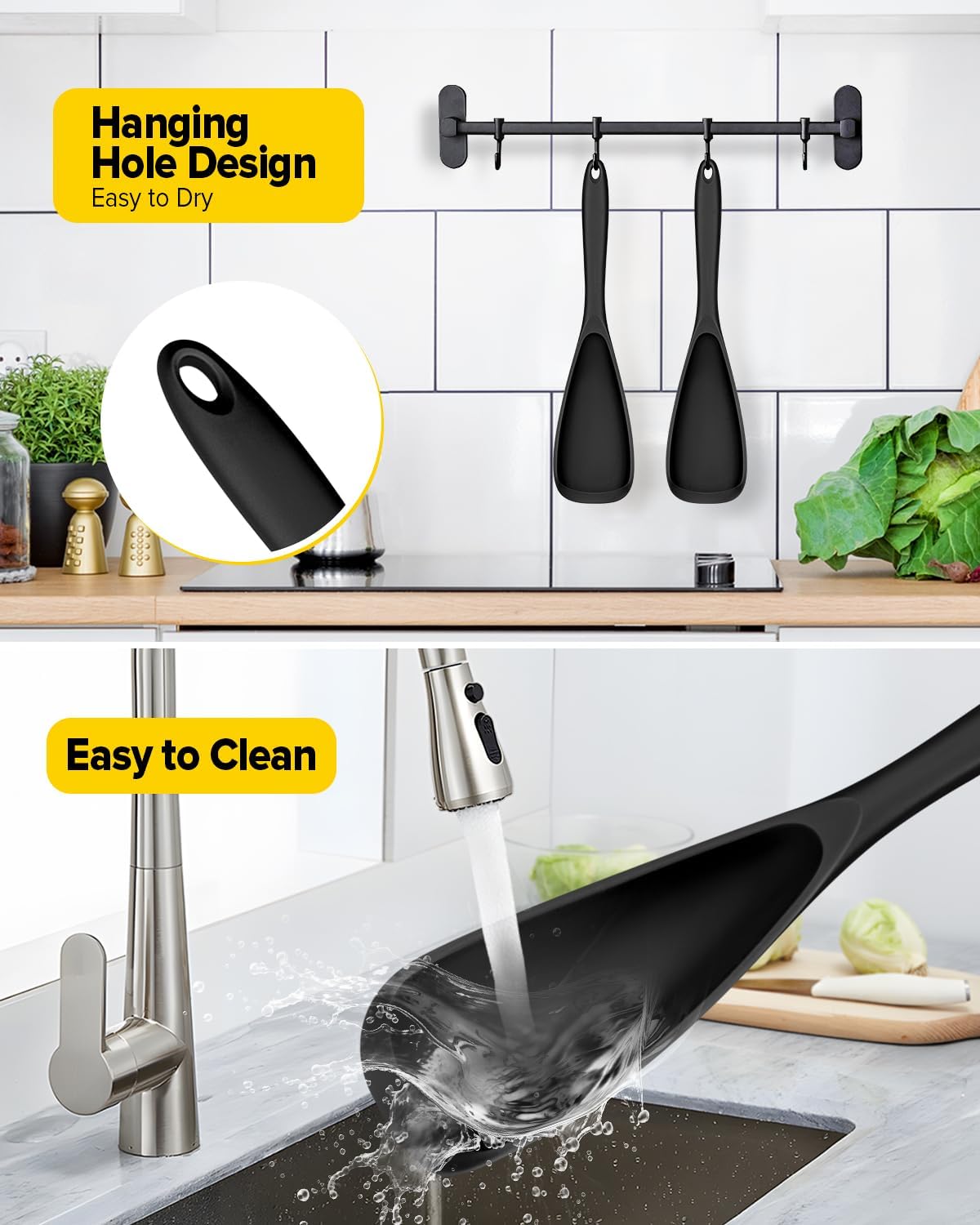 Pack of 2 Cooking Spoons for Non Stick Cookware, Multifunction Spatula Spoon BPA-Free, One-Piece Design, Suitable for Scooping, Scraping, Serving and Mixing (BLACK-BLACK)