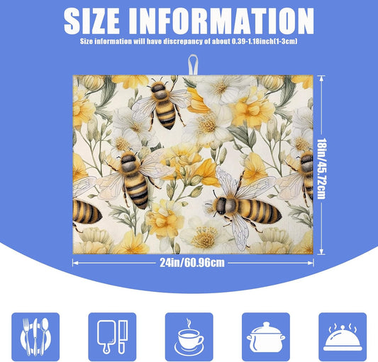 Watercolor Bee Floral Dish Drying Mat for Kitchen Counter Drying Pad Absorbent Reversible Dish Drainer Rack Mats Draining Pad 18"x24"Inch