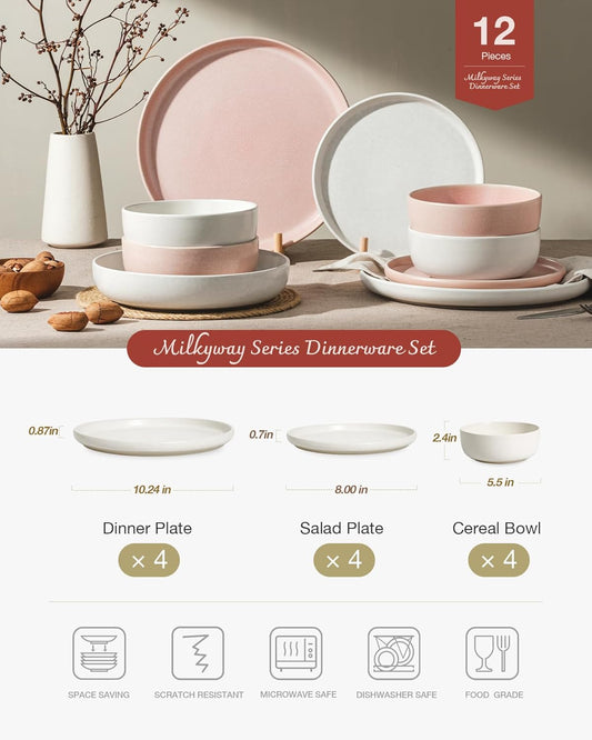 Famiware Milkyway Plates and Bowls Sets, 12 Pieces Dinnerware Sets, Reactive Glaze Dish Set, Stoneware Dishes Set for 4, Matte White & Light Pink