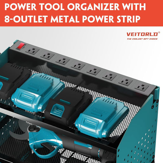 Veitorld Power Tool Organizer with Charging Station, Heavy Duty Modular Wall Mount Rack for Garage - 4 Drill Holders, Tool Storage Organizer, Christmas Birthday Gifts for Men Him Dad Husband