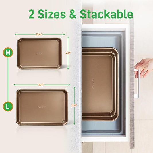 NutriChef 2-Piece Nonstick Stackable Cookie Sheet Set – Non-Toxic Carbon Steel Baking Pans – Heavy Duty, Warp-Resistant, Easy to Clean, Oven & Dishwasher Safe Bakeware