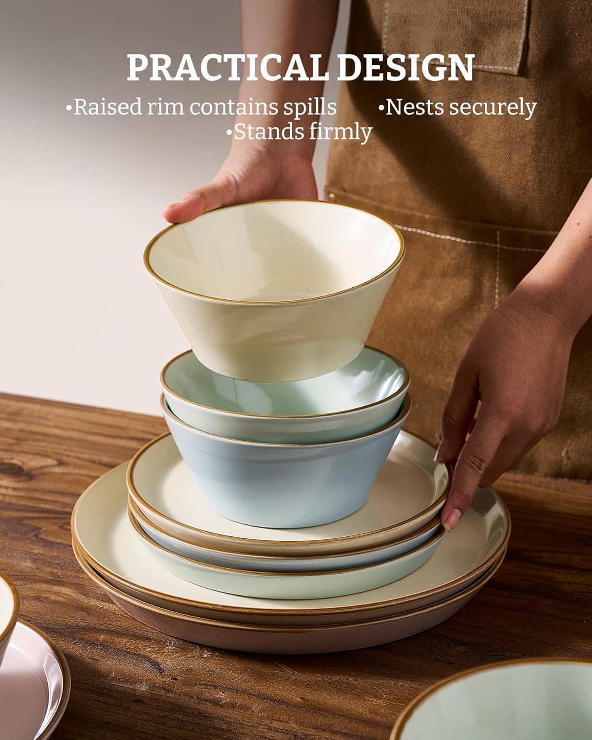 Famiware Saturn Dinnerware Sets, Plates and Bowls Sets for 4, 12 Pieces Stoneware Dish Set - Chip and Scratch Resistant, Microwave and Dishwasher Safe Tableware Set, Multi-color with Rim