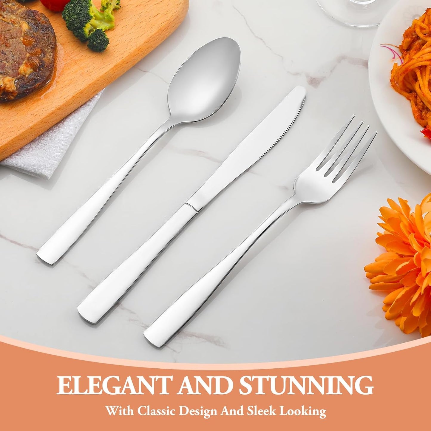 40 Pcs Silverware Set, Stainless Steel Flatware Set for 8, Food-Grade Cutlery Set, Mirror Polished Tableware Eating Utensils Set for Home Kitchen, Include Knife Fork Spoon Set, Dishwasher Safe