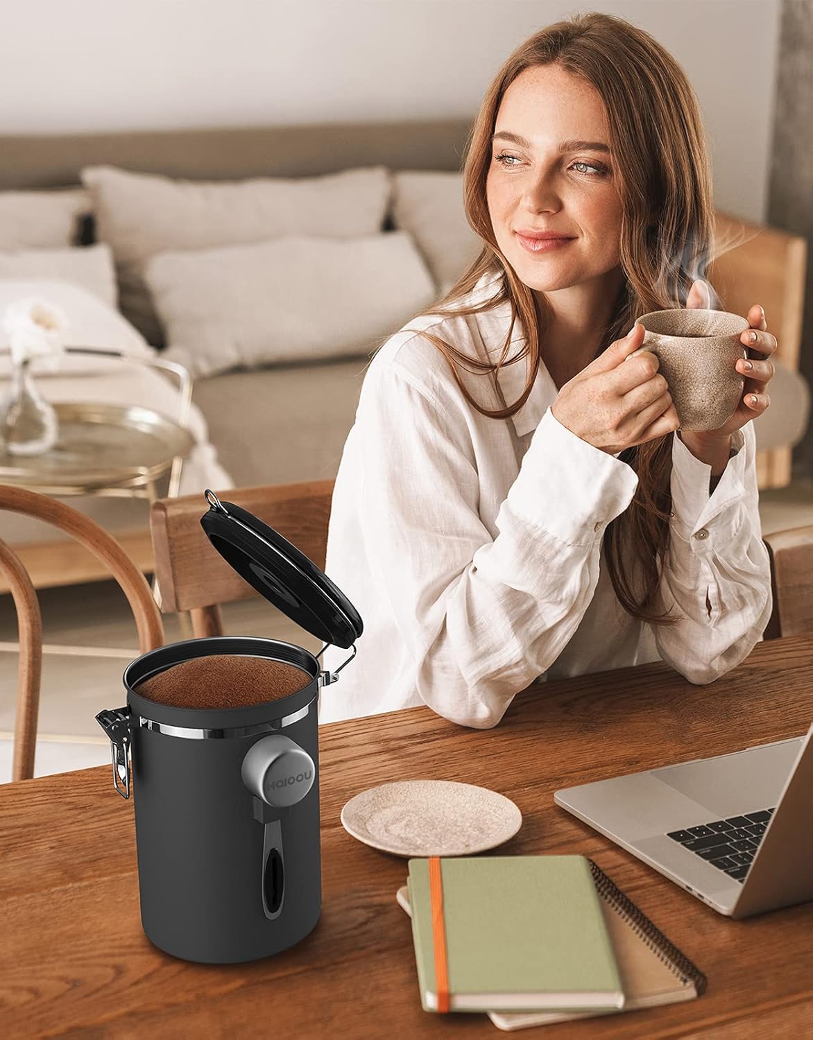 HAIOOU Large Coffee Canister, 38OZ Oversized Stainless Steel Coffee Bean Storage Container with Date Tracker, Measuring Scoop, CO2 Releasing Valves for Beans, Grounds and more - Gray