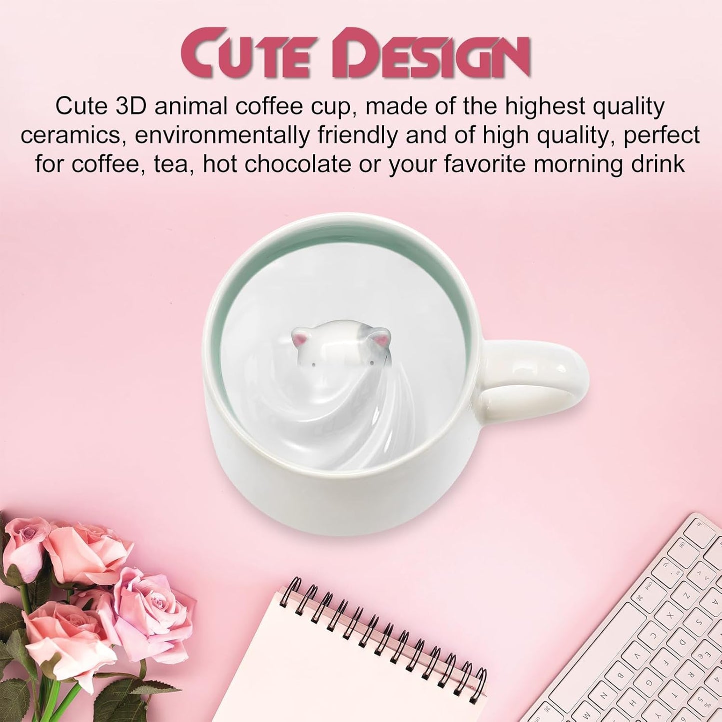 Cute Cat in Mug, 3D Animal Ceramic Tea Cup, Coffee Mugs, Valentines Mothers Day Easter Christmas Gifts for Women Mum Her Wife Grandma Girl Boy Kids Teacher Friend, Birthday Present Idea