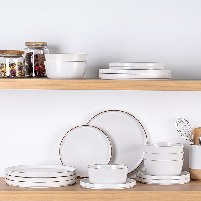 AmorArc Dinnerware Set for 4, 12 Pieces Ceramic Plates and Bowls Set, Handcrafted Speckled Stoneware Plates, Dishwasher & Microwave Safe Dishes- (White, Service for 4)