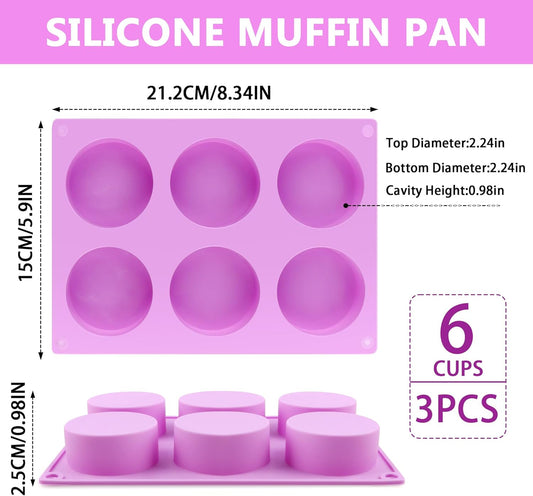 3-Pack Jumbo 6-Cup Silicone Muffin Pan - Non-Stick Baking Mold for Cupcakes, Muffin Cupcake Pans Molds for Baking, Cornbread, Eggs - Purple