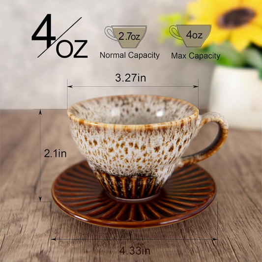 4 oz Espresso Cups Set of 2, Ceramic Cappuccino Cups with Saucers, Durable Porcelain Tea Set & Modern Coffee Cup Collection, Coffee Lover Gifts, Glazed White