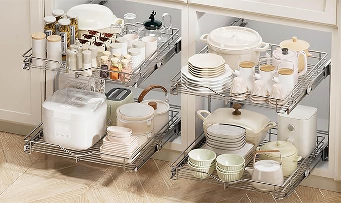 DINDON 2 Tier Pull Out Cabinet Organizer (20" W X 21" D), Double Tier Wire Basket Slide Out Shelf Storage for Kitchen Base Cabinet Organization for Kitchen, Pantry, Bathroom, Chrome