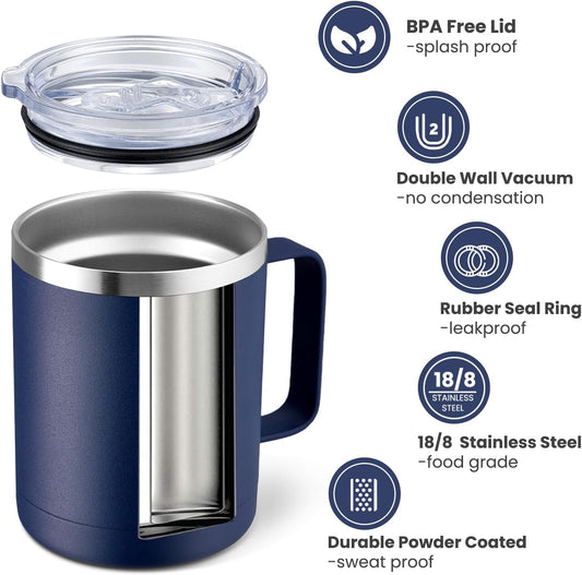 MEWAY 12oz Coffee Mug With Handle 4 Pack Bulk,Stainless Steel Insulated Travel Tumblers With Sliding Lid,Double Wall Vacuum Camping Cup for Hot & Cold Drinks Tea (Navy,Set of 4)