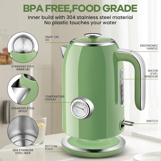 Pukomc Electric Kettle,1.7L Stainless Steel Electric tea kettle with Temperature Gauge, Fast Boiling, Auto Shut - off, BPA - Free, Boil - Dry Protection, (Retro Green)