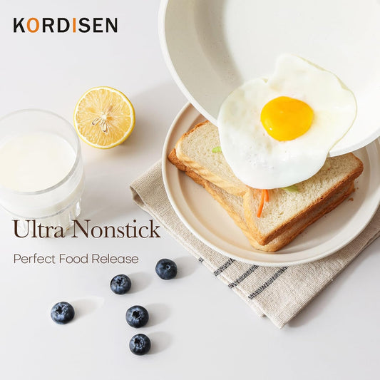 Kordisen Nonstick Ceramic Frying Pan with Lid, 11 Inch Ceramic Skillet with Lid, Healthy Non Toxic Cooking Pan, Stay-Cool Handle, Induction Compatible, PFOA & PFAS Free, White