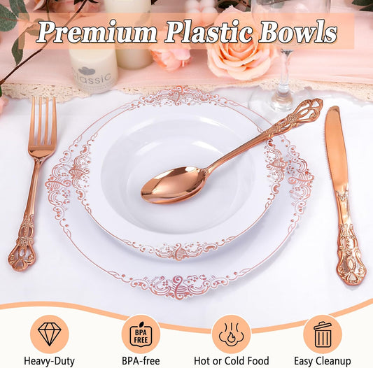 100PCS Rose Gold Plastic Bowls - 12 oz Disposable Salad Bowls - Heavy Duty Disposable Soup Bowl - Fancy Plastic Ice Cream Bowl for Weddings Parties Catering Picnics