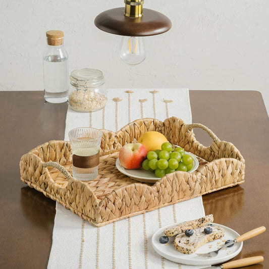 Water Hyacinth Serving Tray, Handwoven Woven Tray with Handles and Scalloped Edge, Rectangle Wicker Basket for Home Decor and Organizing, 16.9" L x 12.9" W x 1.96" H