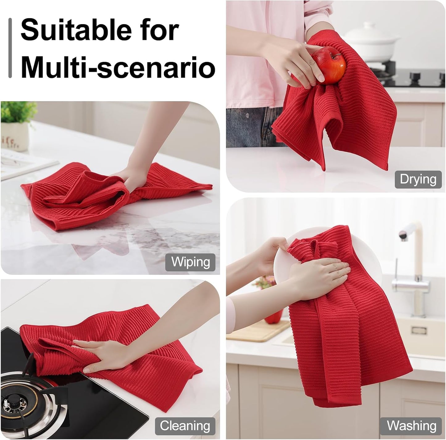 Homaxy Premium Kitchen Towels (18"x 28", 8 Pack), Large 100% Cotton Kitchen Hand Towels, Ultra Absorbent Ribbed Terry Tea Towels Set with Hanging Loop, Red