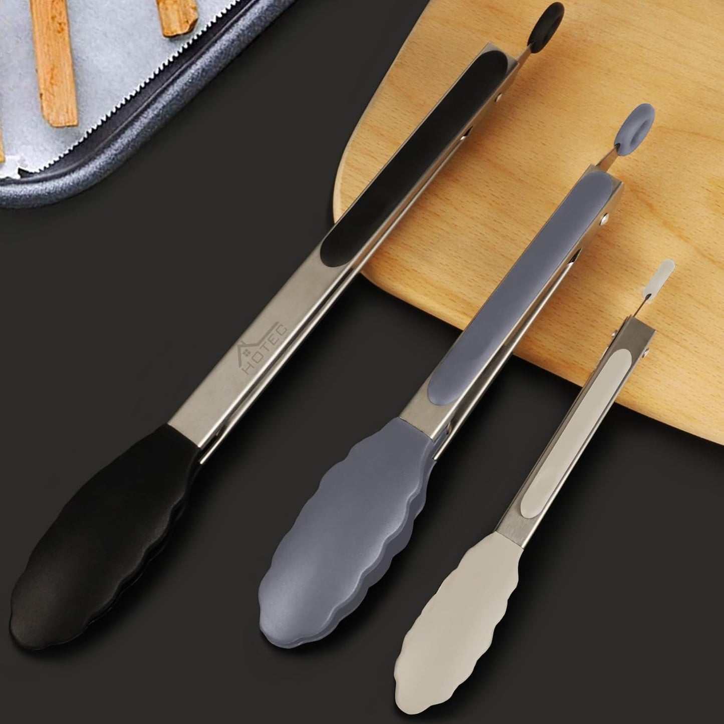 HOTEC Premium Stainless Steel Locking Kitchen Tongs with Silicon Tips, Set of 3-7", 9" and 12" (Black,Grey,Khaki)