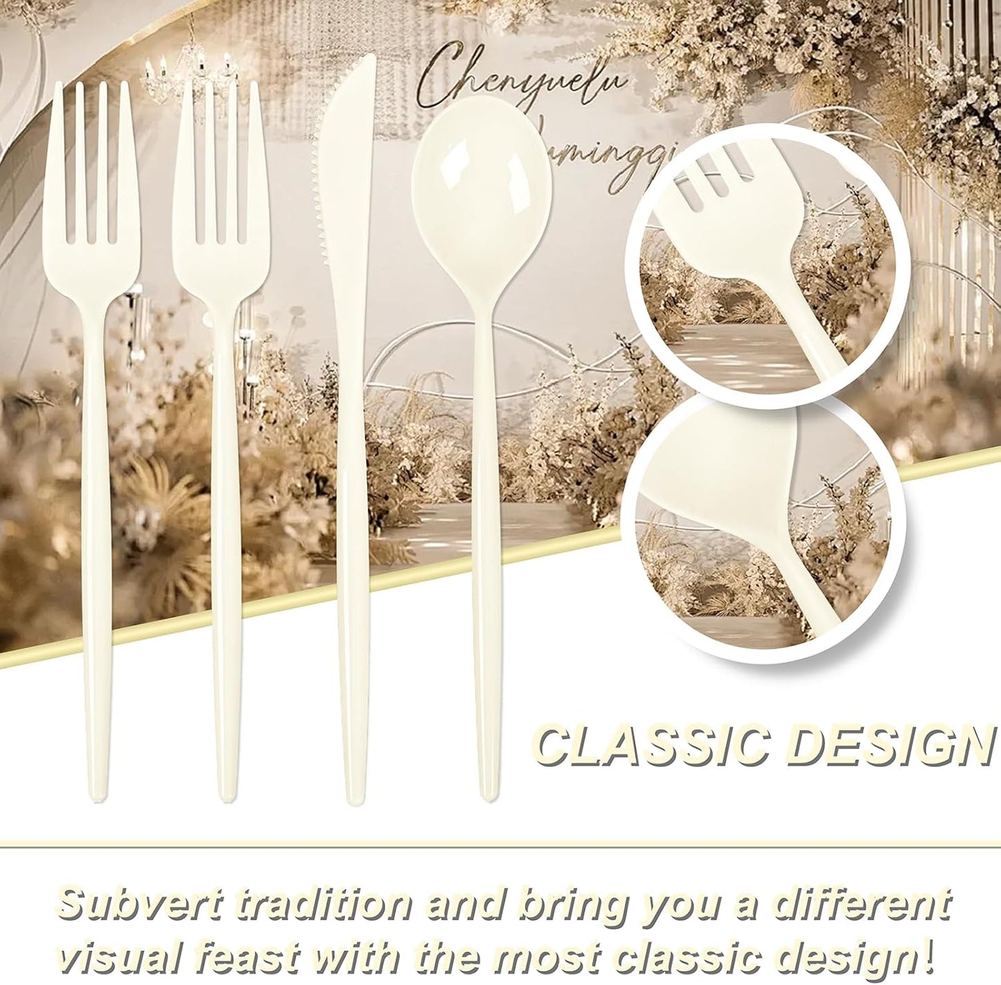 Supernal 180pcs Plastic Silverware Heavy Duty Ivory Plastic Utensils Cutlery Disposable Beige Plastic Cutlery Include 60 Plastic Forks,60 Plastic Knvies,60 Plastic Spoons for Party,Wedding