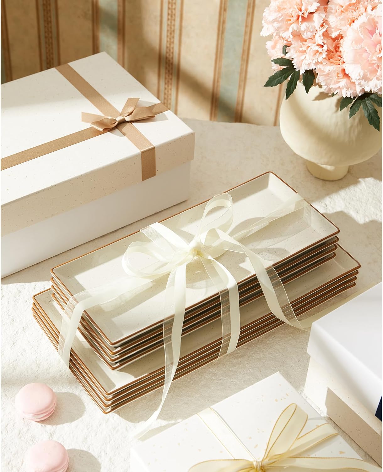 Sweese Rectangular Porcelain Platters, Vanilla White with Brown Trim, Serving Trays for Parties, 13.8 Inch Large Serving Dishes for Steak, Taco, Sushi, Appetizer - Dishwasher & Oven Safe - Set of 4