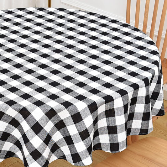 Gingham Round Tablecloth Table Cloth Heavy Duty Cotton Checkered Table Cloth Round Cover for Dining Room (R-Black, 53 inch Diameter)