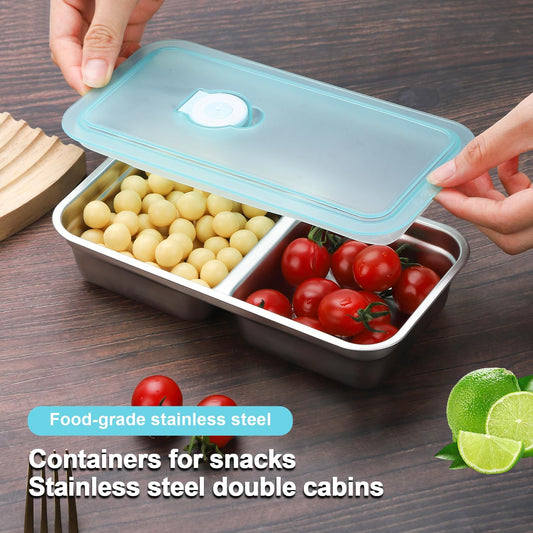1PCS Stainless Steel Double-Layer Snack Container with Lid Leak-proof design, dishwasher safe Ideal for snacks, dips, takeout, travel, and outdoor camping (2 Compartment)