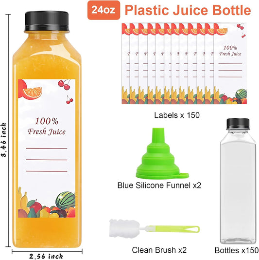 Plastic Juice Bottles 150 pcs 24 oz Empty Plastic Water Bottles with Caps Reusable Clear Beverage Containers for Drinking, Juicing, Smoothie, Water with 2 Brushes, 2 Funnels (24-OZ)