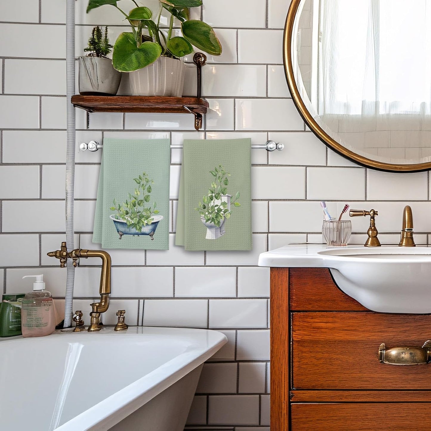 Sage Green Kitchen Towels, Leaves Toilet Bathtub House Hand Towel Set of 2, Farmhouse Gifts for Home Bathroom Holiday Decor - A10