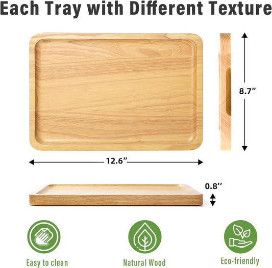 Rectangular Wooden Serving Tray, 12.6" x 8.7" with Side Handles, Natural Solid Wood Platter for Bread, Fruits, Snacks & Dessert, Modern Rustic Easy-to-Carry Tray for Home & Kitchen Use