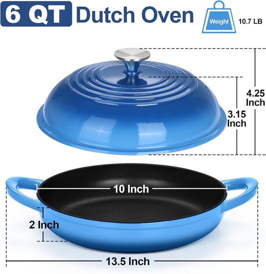 TeamFar Cast Iron Bread Dutch Oven, 6 Qt Enameled Dutch Oven Pot for Sourdough Bread Baking, with Tall Dome Lid & Round Base Pan, Self-Basting & Even-Heating, Heavy-Duty & Non-stick, Blue