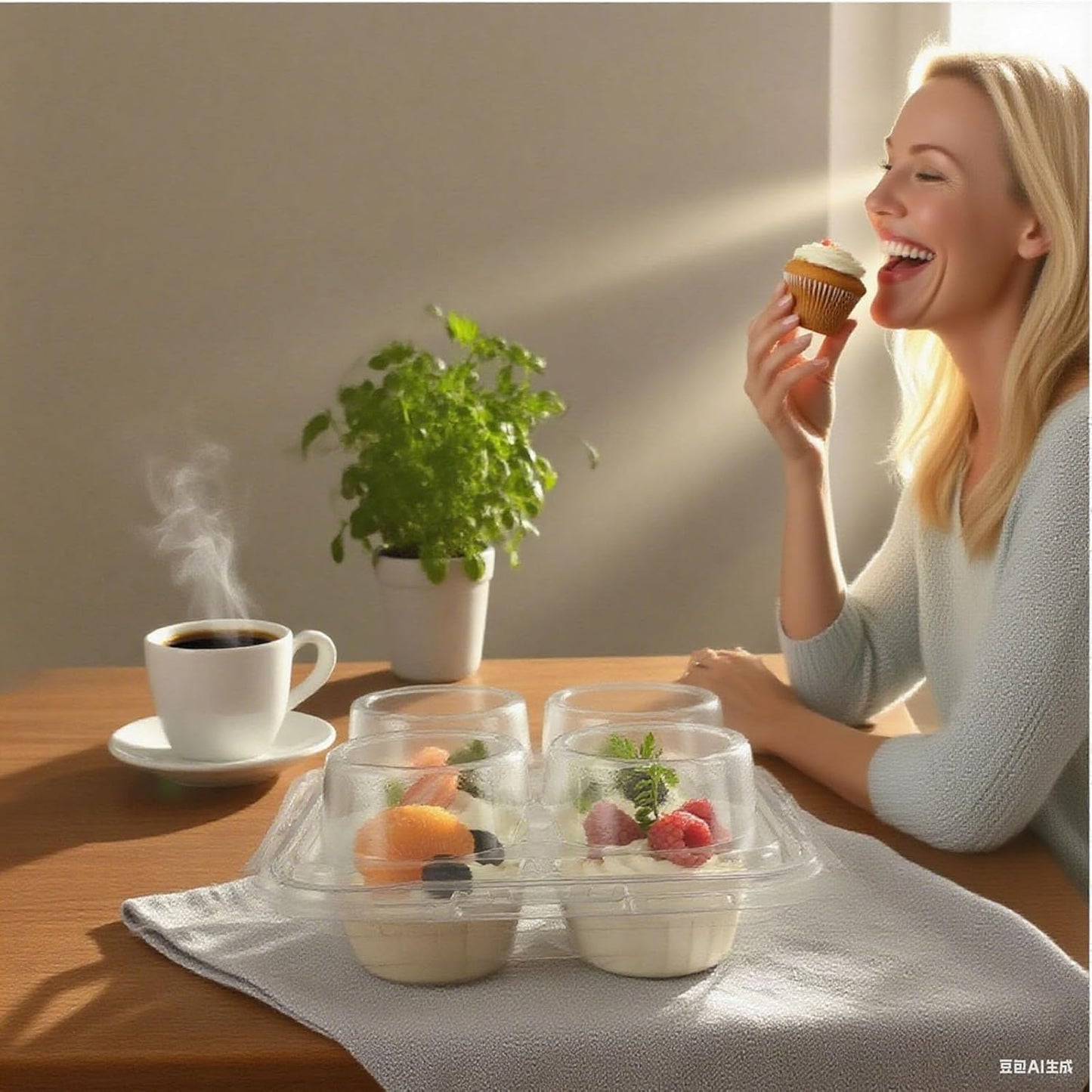 60 Pack of 4-Chamber Handheld Transparent Muffin Container, Disposable Plastic Cupcake Container With Lid, Cake Rack