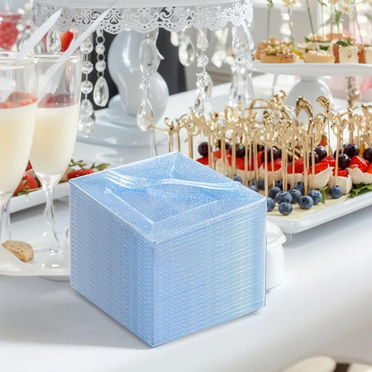 DaYammi 200 Pcs Blue Glitter Dessert Plates Including 100Pcs Appetizer Plates,100Pcs Plastic Forks,Blue Plastic Square Plate for Party,blue Disposable plates and Cake forks for Birthday Party Wedding