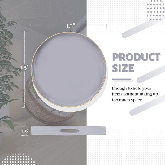 MAONAME 13" Gray Round Tray, Grey Serving Tray with Handles, Modern Round Decorative Trays for Coffee Table, Plastic Trays for Ottoman, Bathroom, Decor