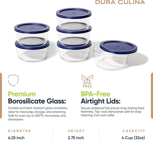 DURA LIVING 12-Piece Glass Food Storage Containers Set (6 Containers + 6 BPA-Free Lids) | 4-Cup, Leakproof | Microwave, Freezer, Oven & Dishwasher Safe | Ideal for Meal Prep & Pantry Organization