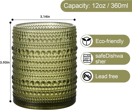 Vintage Glassware Drinking Glasses Set of 6,12 oz Hobnail Glass Cups,Embossed Green Water Tumbler,for Beer,Cocktail,Whiskey,Juice and Various Mixed Drinks- 1 Cleaning Brush