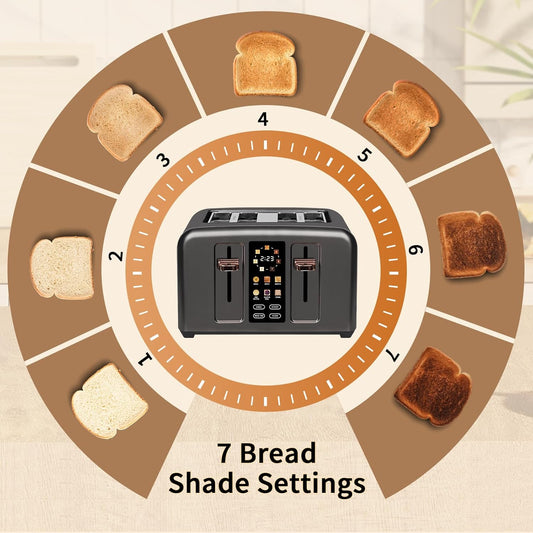 SEEDEEM Toaster 4 Slice, Full Touch control Toaster, LCD Display, 6 Bread Type, 7 Shade Settings, 1.4''Wide Slots,More Time Function, Removable Crumb Tray, 1800W, Dark Metallic