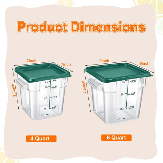 Suclain 8 Pack 4 QT and 6 QT Food Storage Containers with Lids Scales Handles Square Clear Restaurant Food Storage Containers Polycarbonate Commercial Grade for Kitchen Marinating Meat Dough(Green)