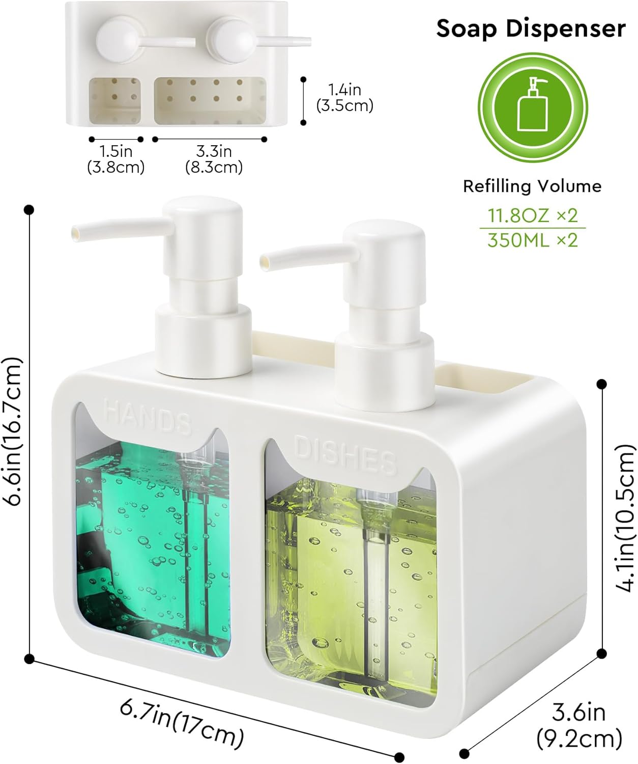 Kitchen Hand Soap and Dish Soap Dispenser Set, Dual Soap Dispenser with Sponge Caddy and Brush Holder 4-in-1 Organizer for Sink Countertop, Useful Kitchen Gadgets - White