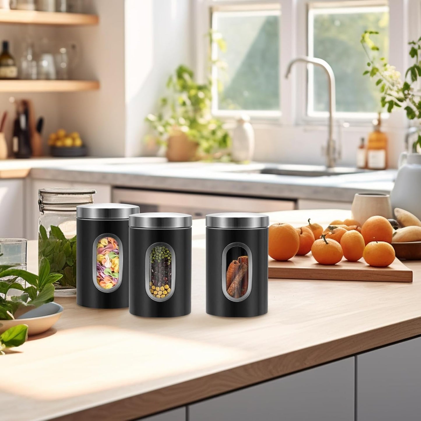 Canisters Sets for the Kitchen, 3pcs Sugar Flour Tea Coffee Storage Jars Stainless Steel Food Container Organizer for Kitchen Counter with Transparent Window (black)