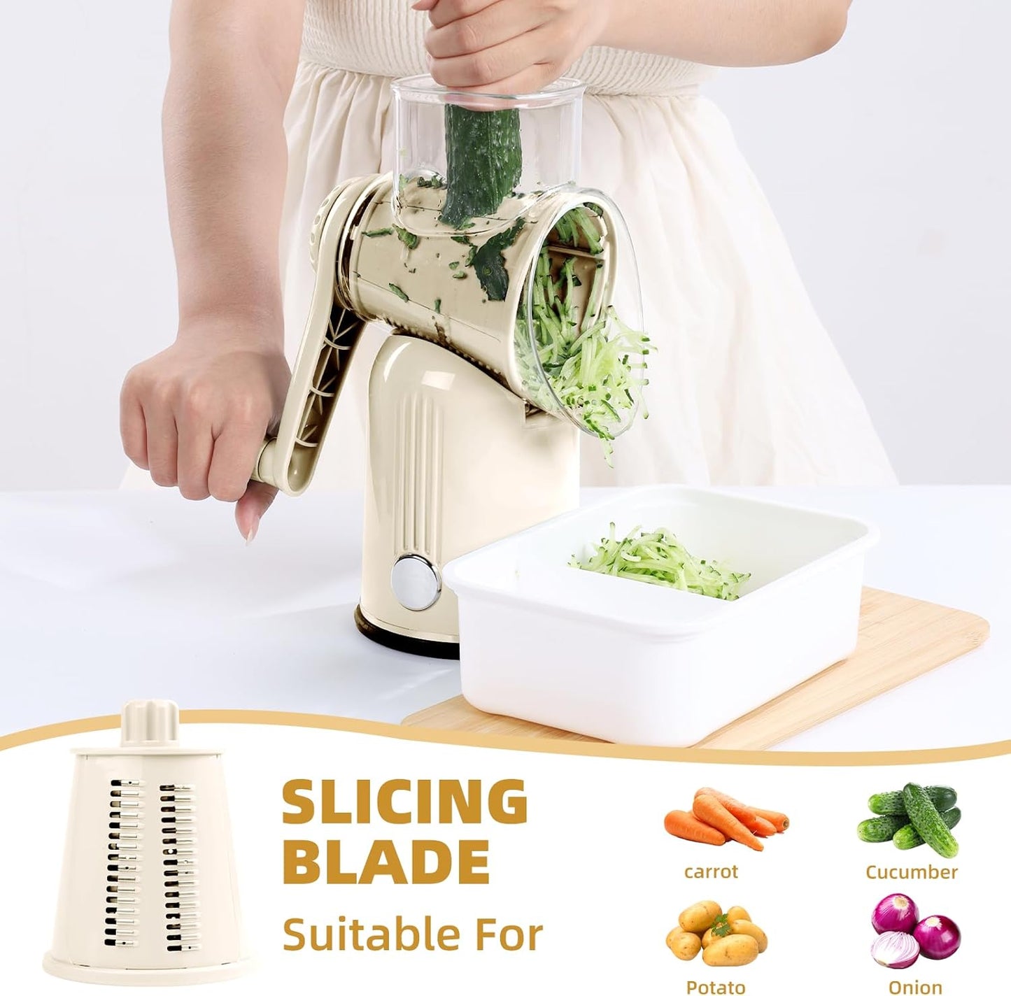 Rotary Cheese Grater with Handle, Vegetable Shredder with 5 Replaceable Blades & Strong Suction Base, Round Food Slicer & Chopper for Kitchen Fruit Vegetables Nuts with Blade Storage Box (White)