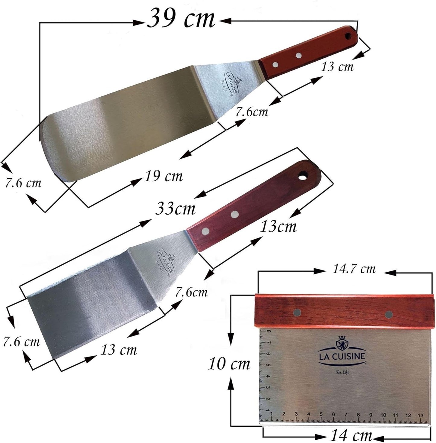 La Cuisine 3-PC SS Griddle Spatula Set - BBQ Tools Set Food Scraper for Grill Teppanyaki Flipping Patties Pancake Fish, 2 pcs SS Spatulas 1 pc Chopper/Scrapper with solid wood handle