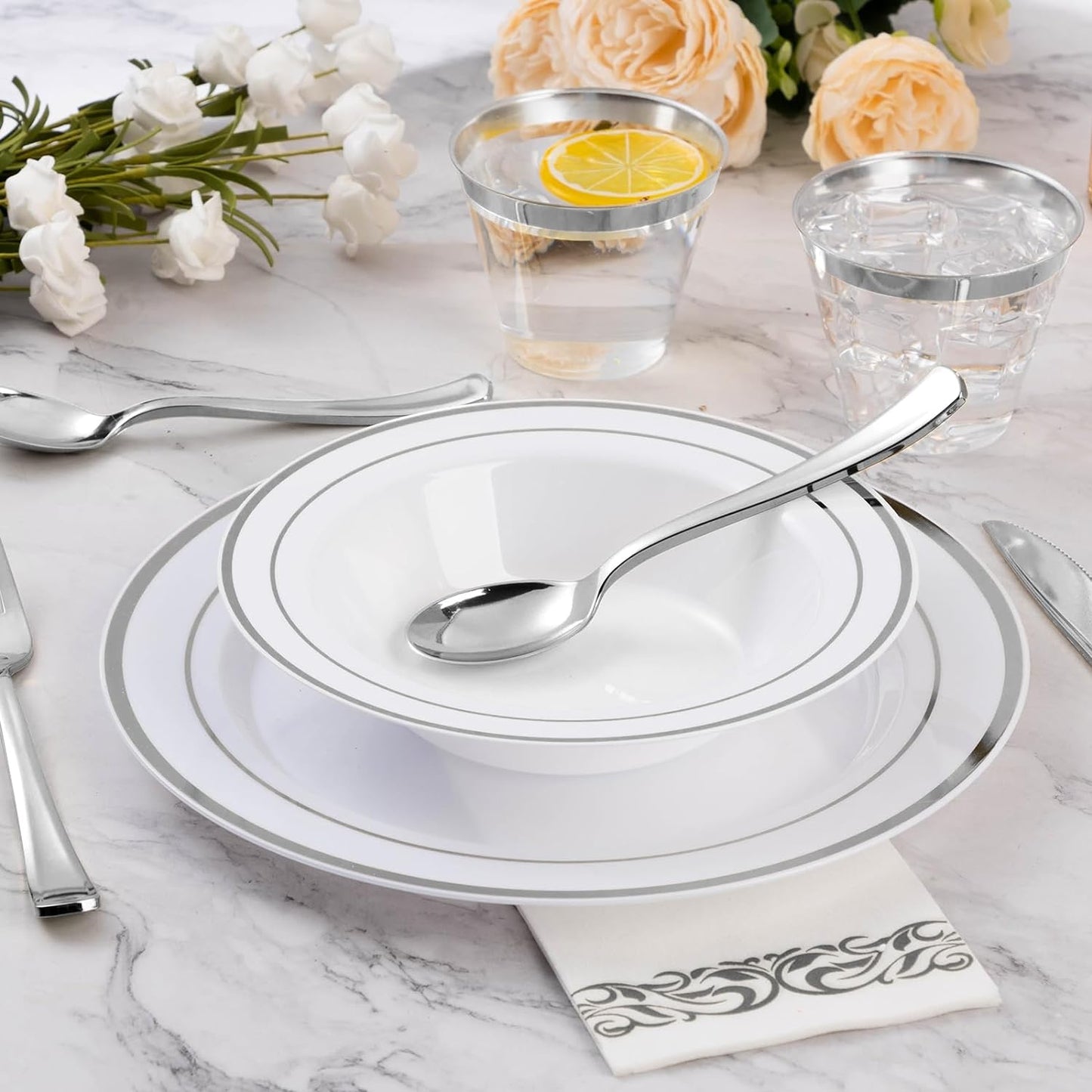 Goodluck 50 Pack Plastic Bowls with Silver Rim, 12oz Disposable Soup Bowls for Weddings, Parties, Dinners, Catering, and Everyday Use