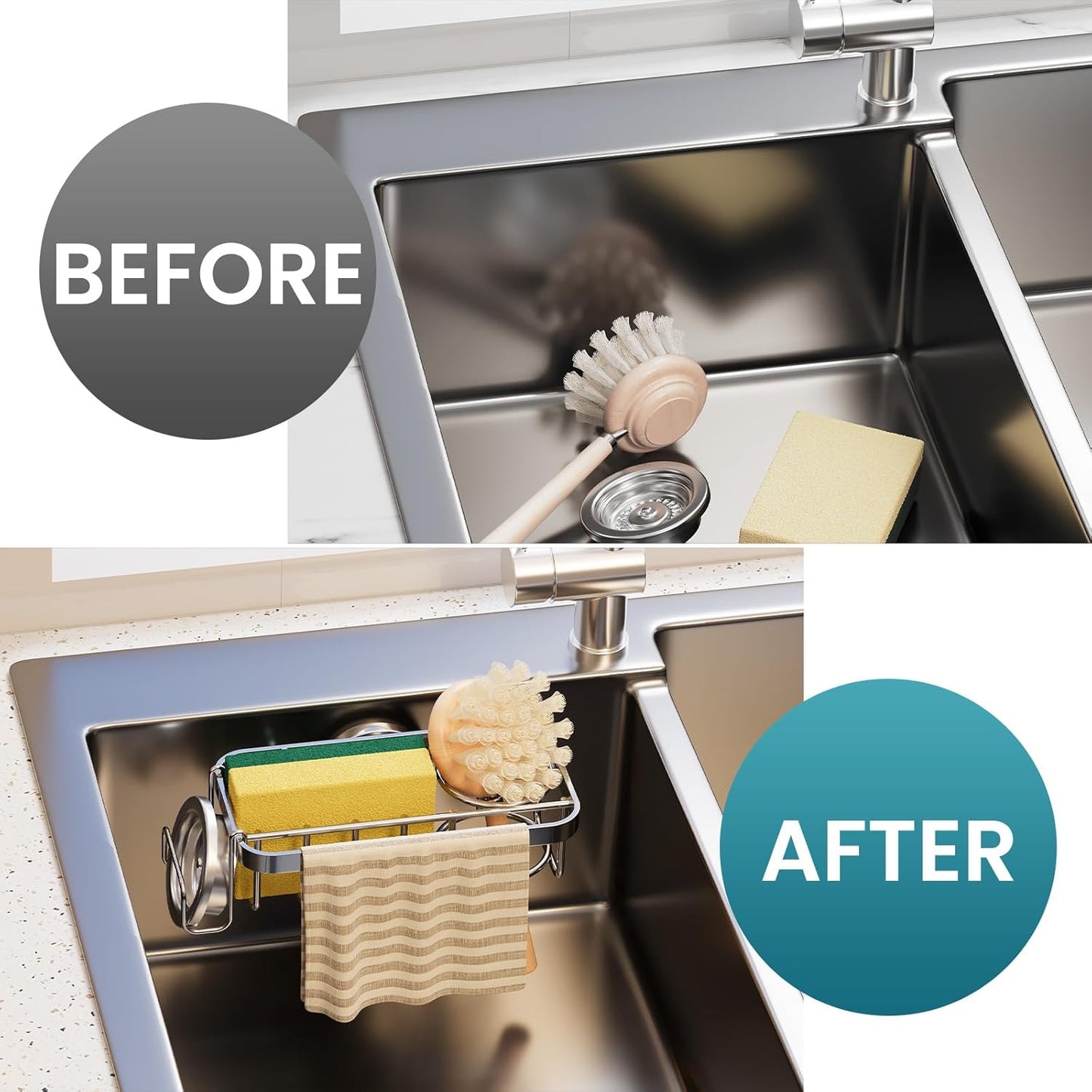 TAILI 4-in-1 Sponge Holder for Kitchen Sink with Strong Suction Cup Removable, Rustproof Aluminum Sink Caddy for Sponge, Brush, Scrubber, Scraper -Silver