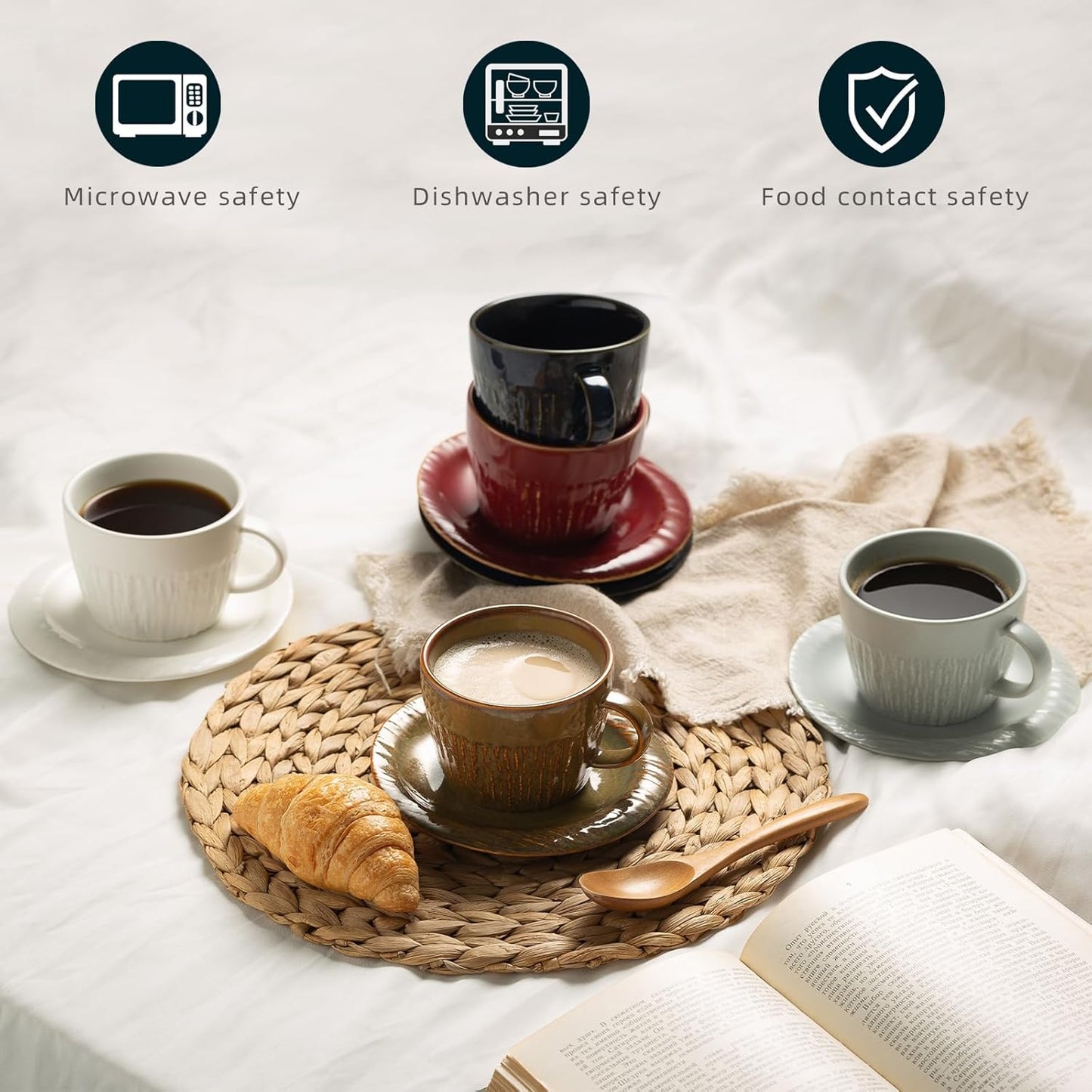 7.4oz Espresso Cups Set of 4 - Ceramic Cappuccino Cups with Saucers - Microwave and Dishwasher Safe, Perfect For Tea, Latte - Porcelain Drinkware for Kitchen or Cafe (white)