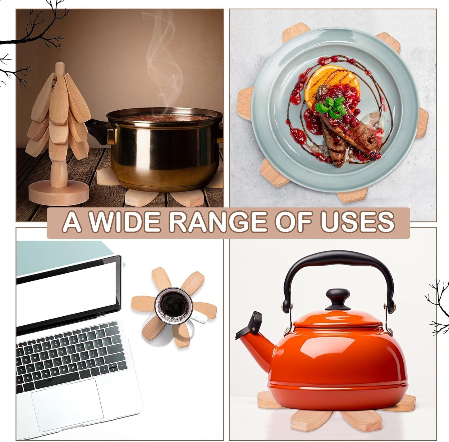 Wooden Tree Coaster Trivets Wood Trivets Set for Hot Dishes Set of 4 Christmas Tree Shape Foldable Wooden Coaster and 1 Stand Natural Trivet for Cups Plates Bowls Pots(Beech Color)