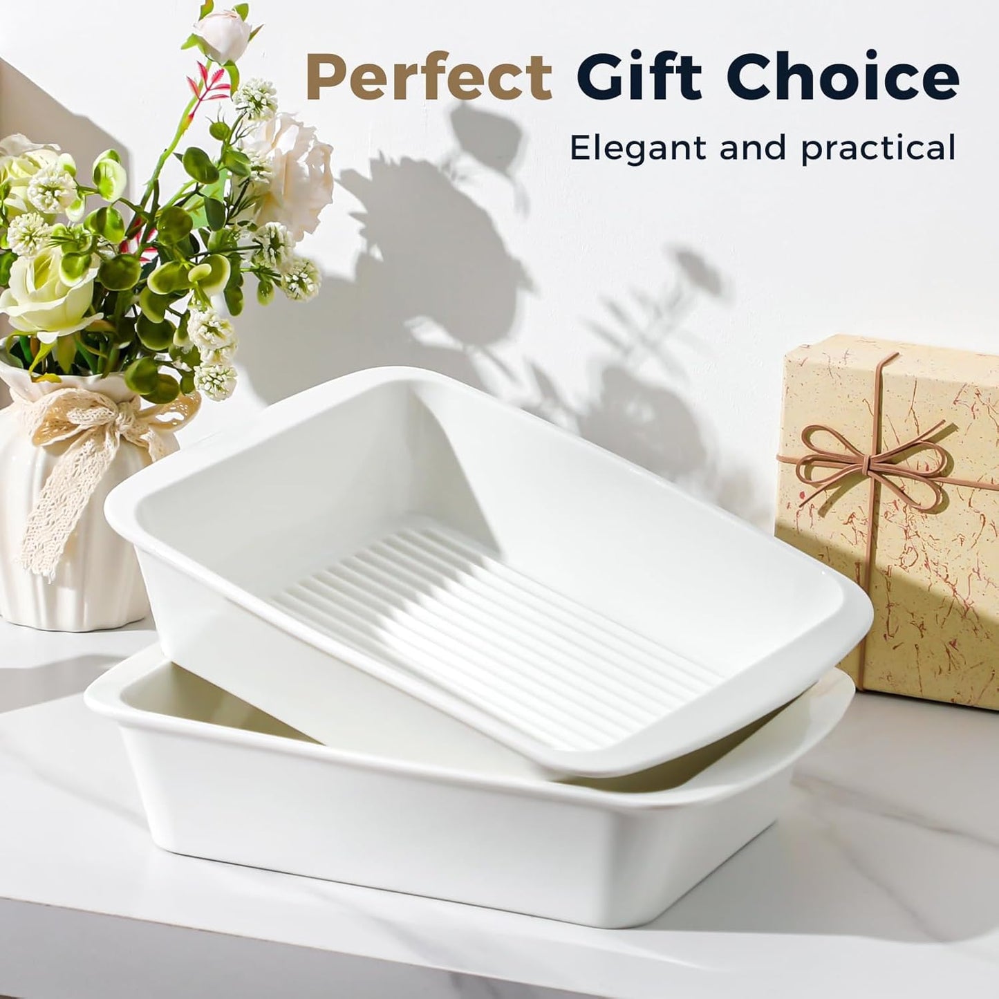 Baking Dish for Oven, 9.3'' x14'' Ceramic Casserole Dish, Lasagna Pan, Oven Safe Bakeware Sets with Handles, Microwave, Dishwasher Safe, Home Decor, Wedding Gift, White, Set of 2