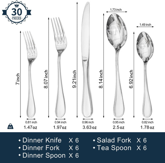 KINGSTONE 30 Piece Teardrop Silverware Set for 6, 18/10 Stainless Steel Flatware Set, Modern Design Cutlery Set for Home/Hotel/Wedding,Mirror Polished and Dishwasher Safe